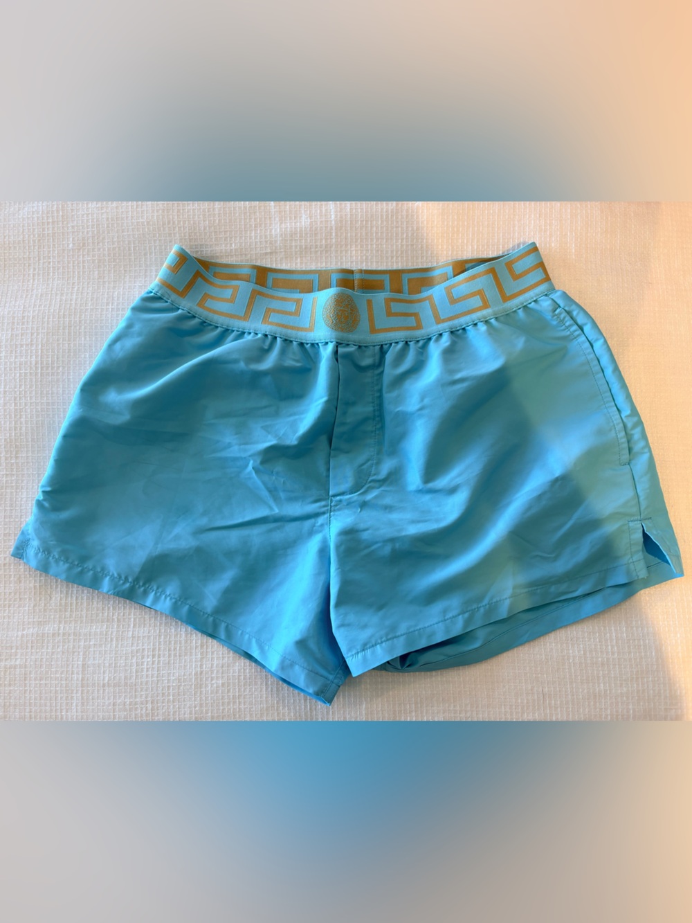 Versace Men's Aqua Blue Swim Trunks with Gold Greek Key Waistband